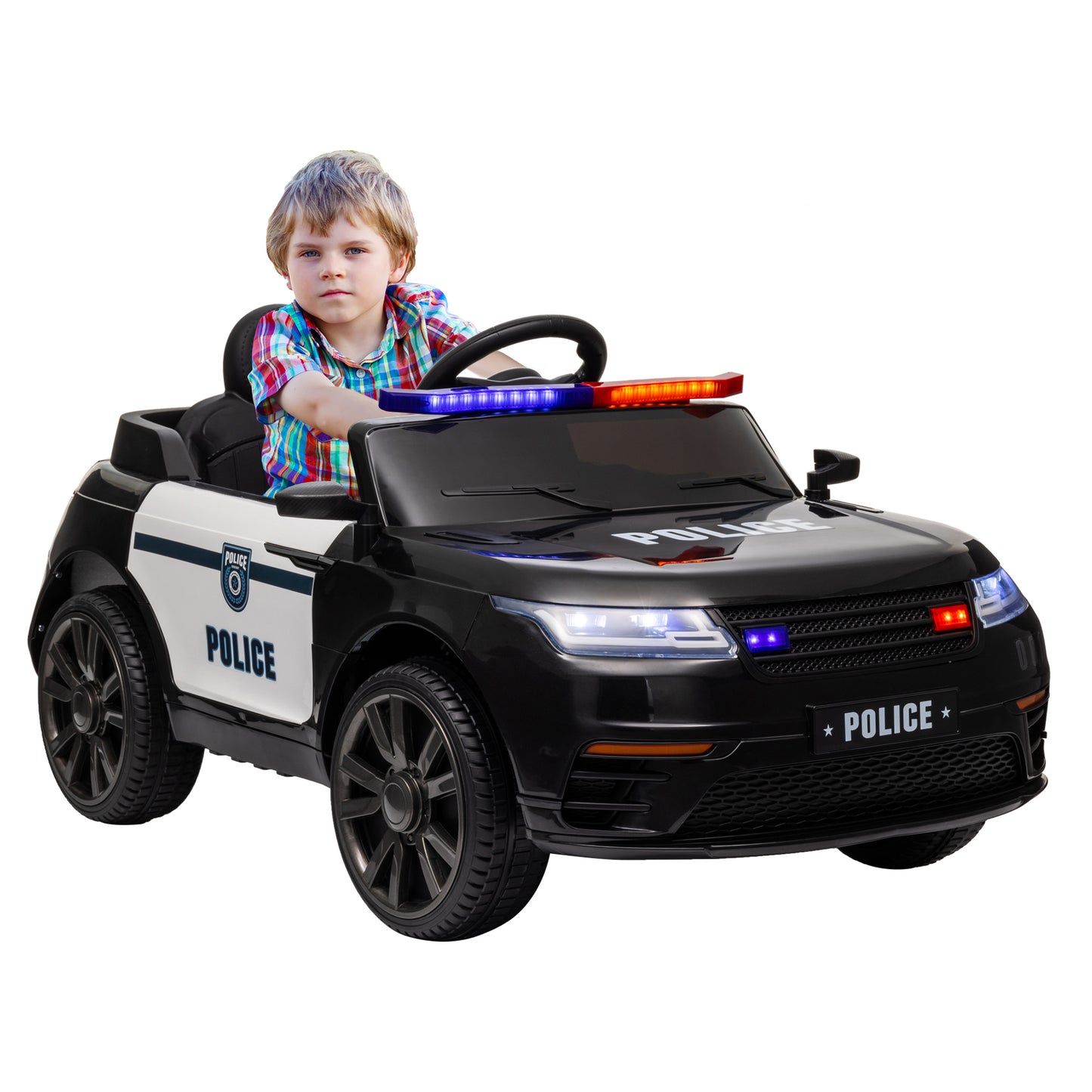 Qaba 12V Electric Car for Kids, Battery Powerd Kids Car Police Car with Remote Control, 4 Spring Suspension Wheels, Transport Wheel, Siren, Music, Light, Horn, Black