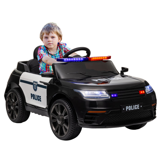 Qaba 12V Electric Car for Kids, Battery Powerd Kids Car Police Car with Remote Control, 4 Spring Suspension Wheels, Transport Wheel, Siren, Music, Light, Horn, Black