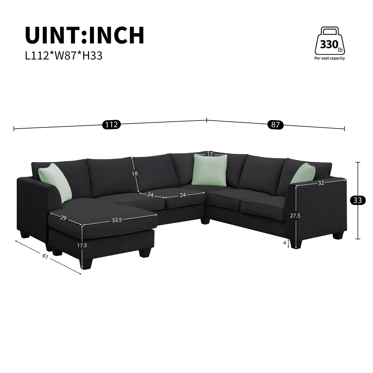 112x87" Sectional Sofa Couches Living Room Sets, 7 Seats Modular Sectional Sofa with Ottoman, L Shape Fabric Sofa Corner Couch Set with 3 Pillows, Black(New of GS008210AAB)