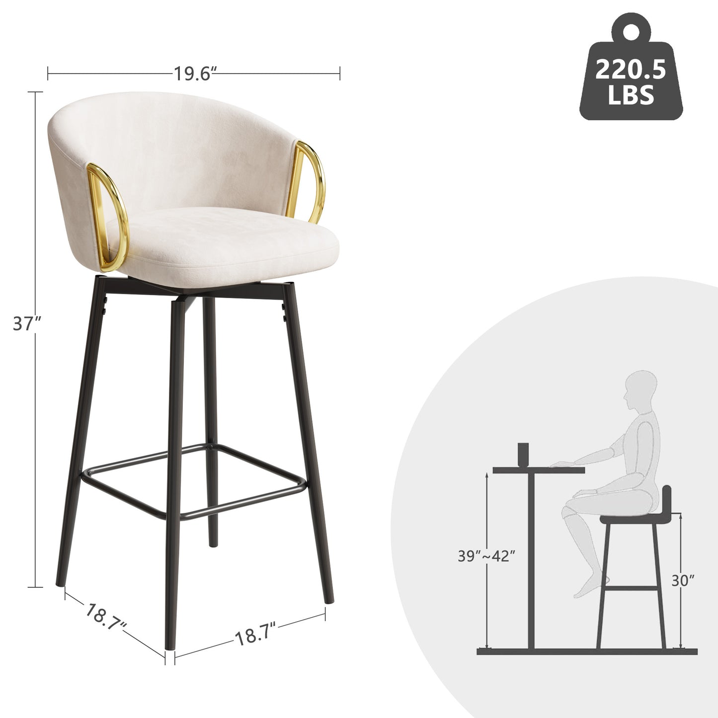 Dining Chairs Set of 2 Modern style 360°Swivel Bar Chairs with simple design, comfortable high stools, and flexible dining chairs suitable for bars, restaurants,Velvet Bar Chair Beige