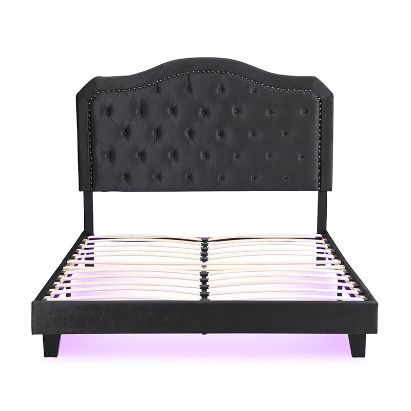 Upholstered Bed Button Tufted with Curve Design - Strong Wood Slat Support - Easy Assembly - Black Velvet - With LED light-platform bed - Queen