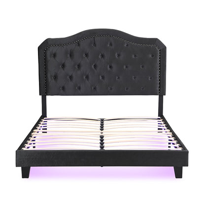 Upholstered Bed Button Tufted with Curve Design - Strong Wood Slat Support - Easy Assembly - Black Velvet - With LED light-platform bed - Queen