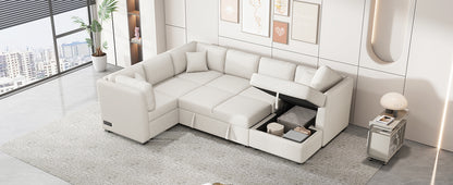 108.6" U-shaped Sectional Sofa Pull out Sofa Bed with Two USB Ports, Two Power Sockets, Three Back Pillows and a Storage Chaise for Living Room, Beige