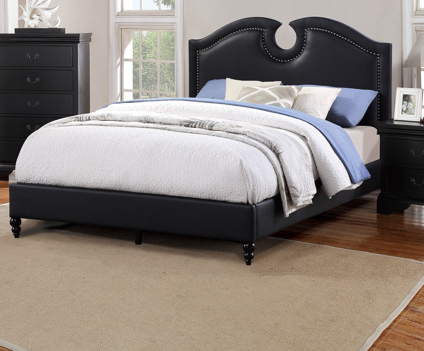 Black Faux Leather Unique Design Headboard 1pc Queen Size Bed Bedroom Furniture Nailhead Upholstered Modern Bedframe