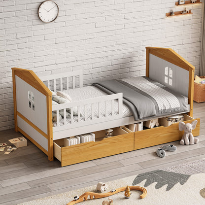 Twin Size House Shape Bed with Drawers and Safety Fence Guardrails Bed Toddler Bed for Girls Boys,No Box Spring Needed, Walnut and White