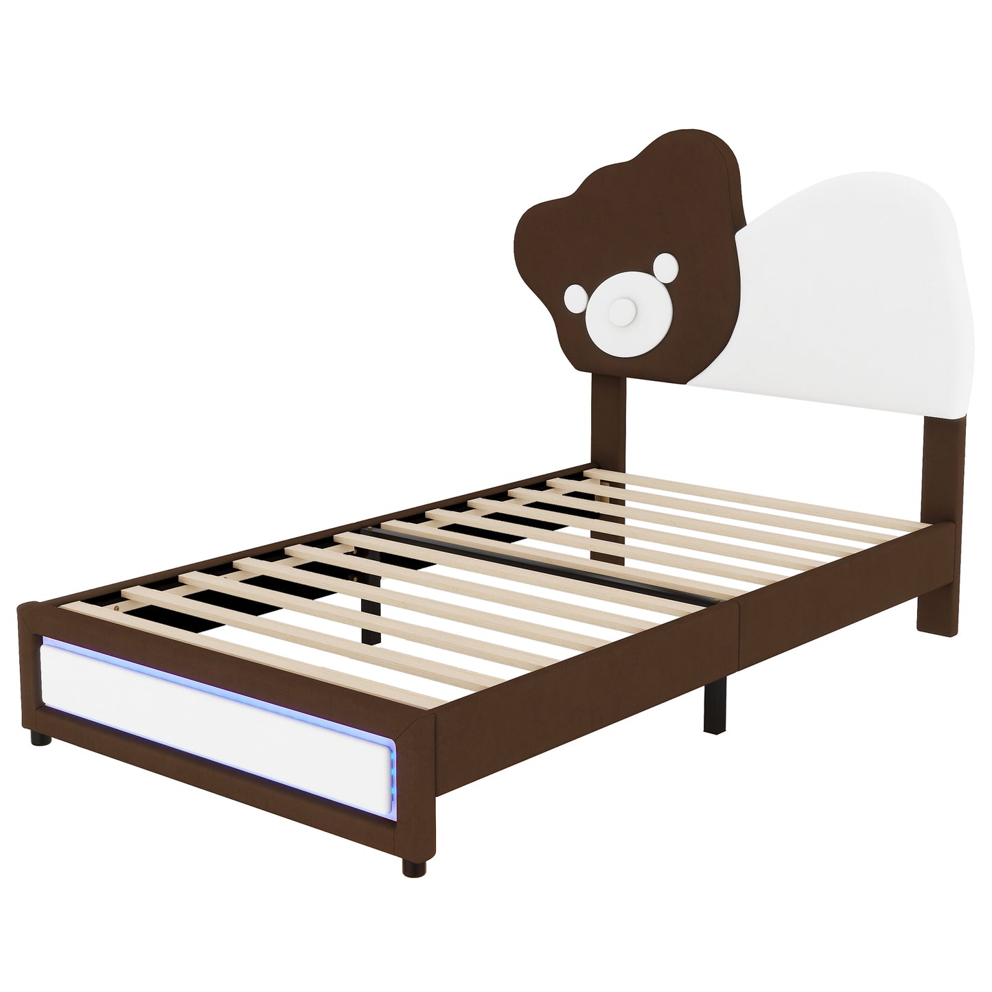 Twin Size Upholstered Platform Bed with Bear Shaped Headboard, LED Light Strips, White + Brown