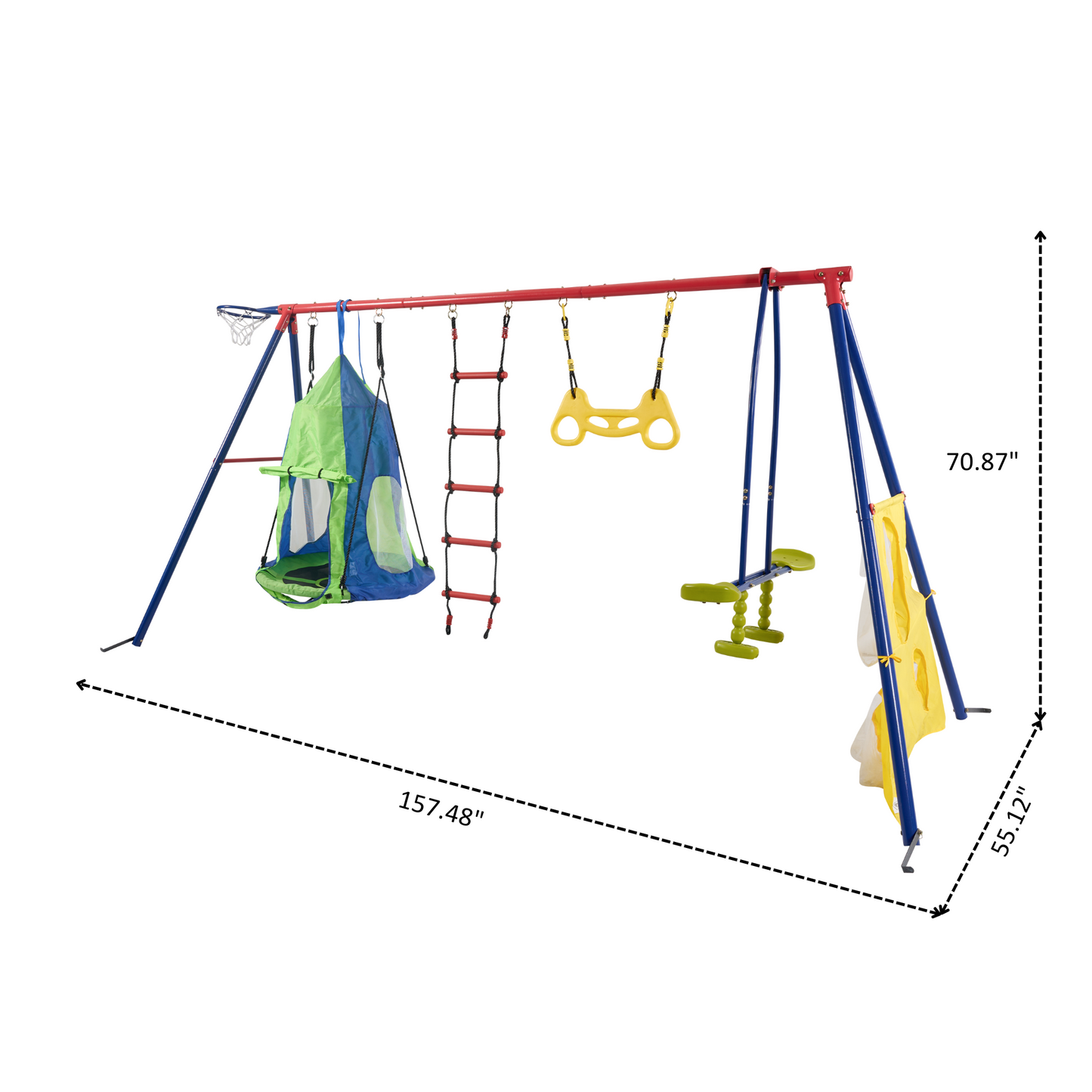 XNS092 rinbow colour interesting four function swingset with net swing and face to face metal plastic safe swing seat 550lbs for outdoor playground for age 3+