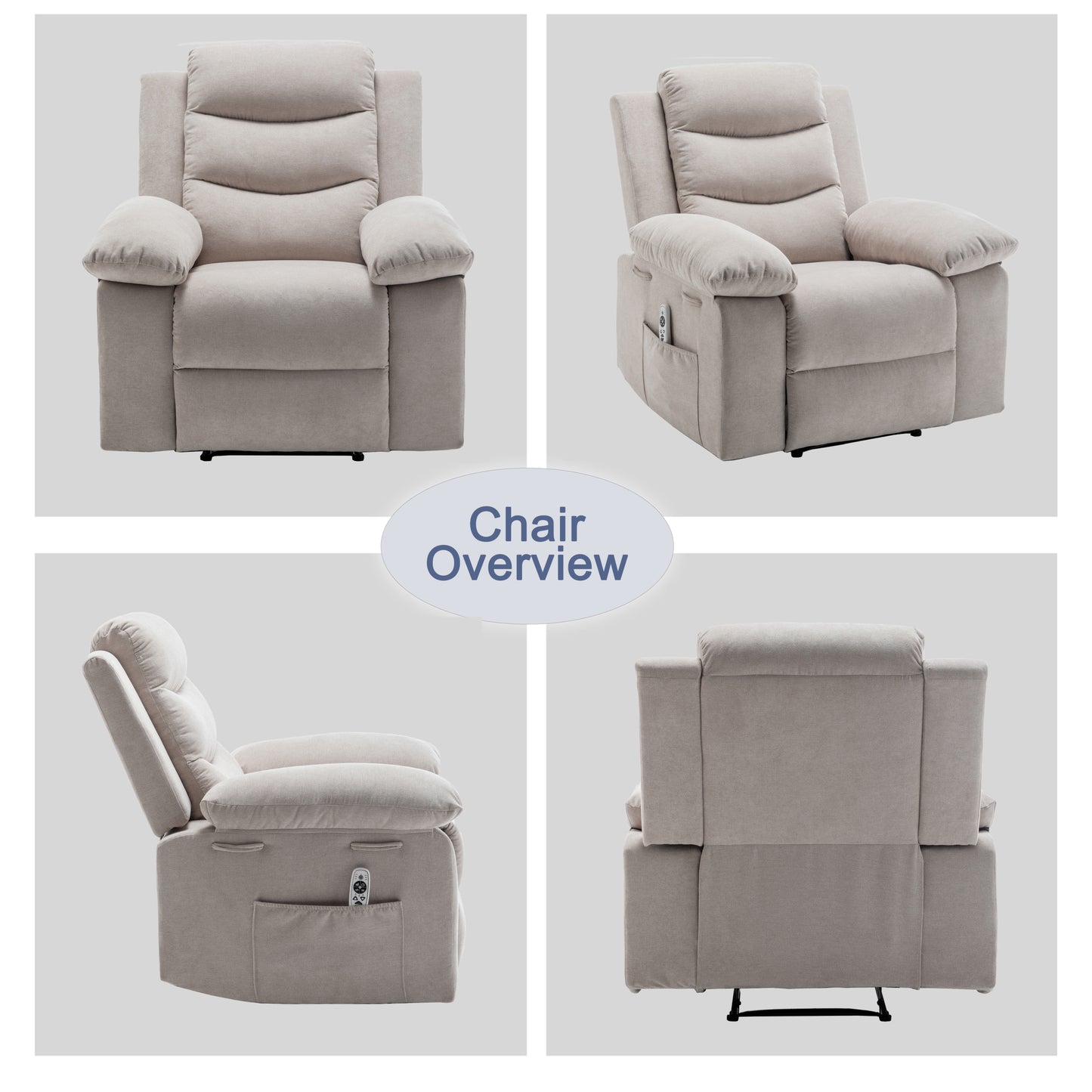 Power Recliner Chair with Adjustable Massage Function, Velvet Electric Power Chair for Elderly with One Side Pockets, Recliner Chair with Heating System for Living Room,Beige