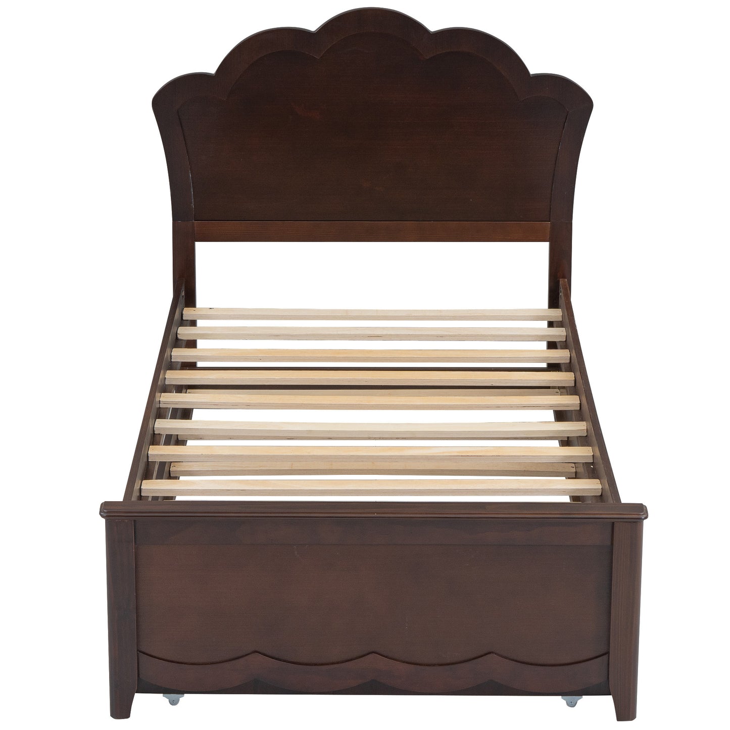 Twin Size Wood Platform Bed with Headboard and Twin Size Trundle, Cappuccino