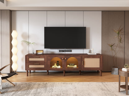 Rattan TV Stand with 3 Cabinets & 2 Drawers, Rattan-inspired Media Console Table for TVs up to 80'', LED Light Entertainment Center, TV cabinet for Living room, Bedroom, Home Theatre