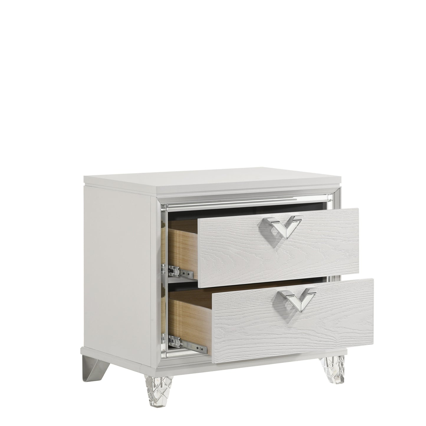 Modern Style 2-Drawer Nightstand with LED Glow & V-Shape Handles in White