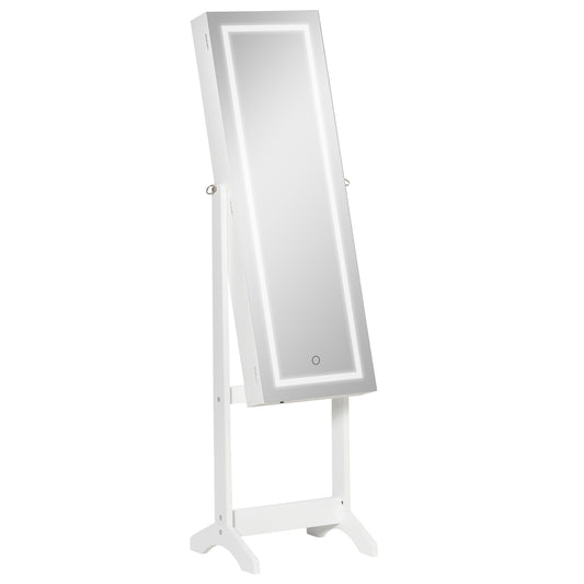 HOMCOM Floor Standing Jewelry Cabinet with LED Light, Lockable Jewelry Organizer with Full-Length Mirror, and 4 Adjustable Angles, White