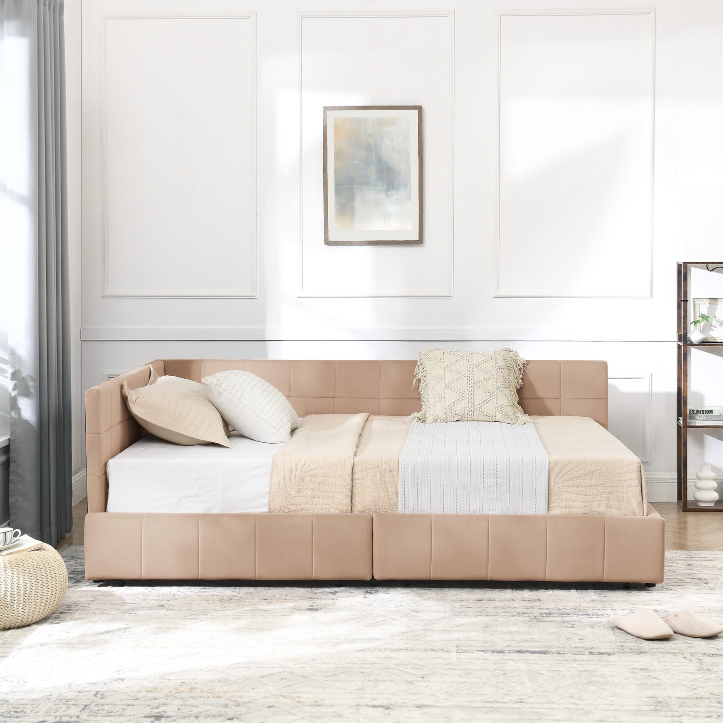 Full Size Storage Upholstered Tufted Bed Frame, Sofa Bed Frame with Comfortable Backrest and Armrests, Full Size Bed for Bedroom, Living Room,Velvet, PINK(80.5''*59''*29.5'')