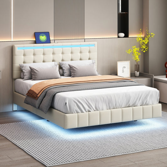 Queen Size Floating Bed Frame with LED Lights and USB Charging,Modern Upholstered Platform LED Bed Frame,Beige