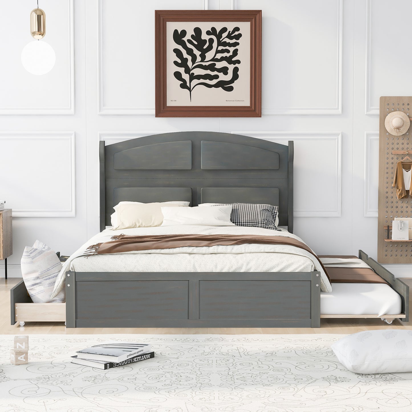 Wood Queen Size Platform Bed with Twin Size Trundle and 2 Drawers, Antique Gray