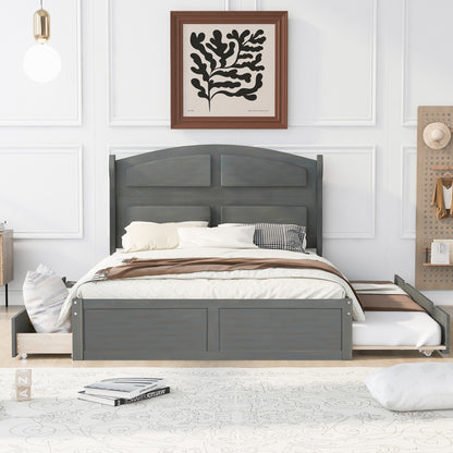 Wood Queen Size Platform Bed with Twin Size Trundle and 2 Drawers, Antique Gray