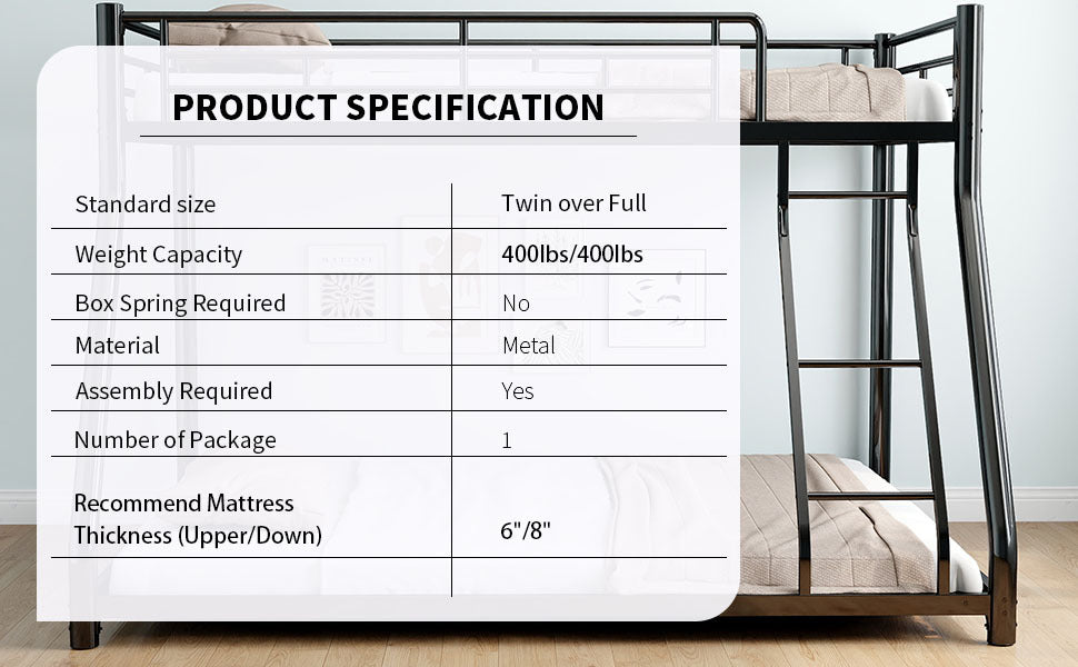 Metal Twin over Full Bunk Bed/ Heavy-duty Sturdy Metal/ Noise Reduced/ Safety Guardrail/ CPC Certified/ No Box Spring Needed