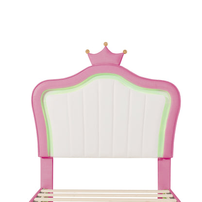 Twin Size Upholstered Bed Frame with LED Lights, Modern Upholstered Princess Bed With Crown Headboard,White+Pink