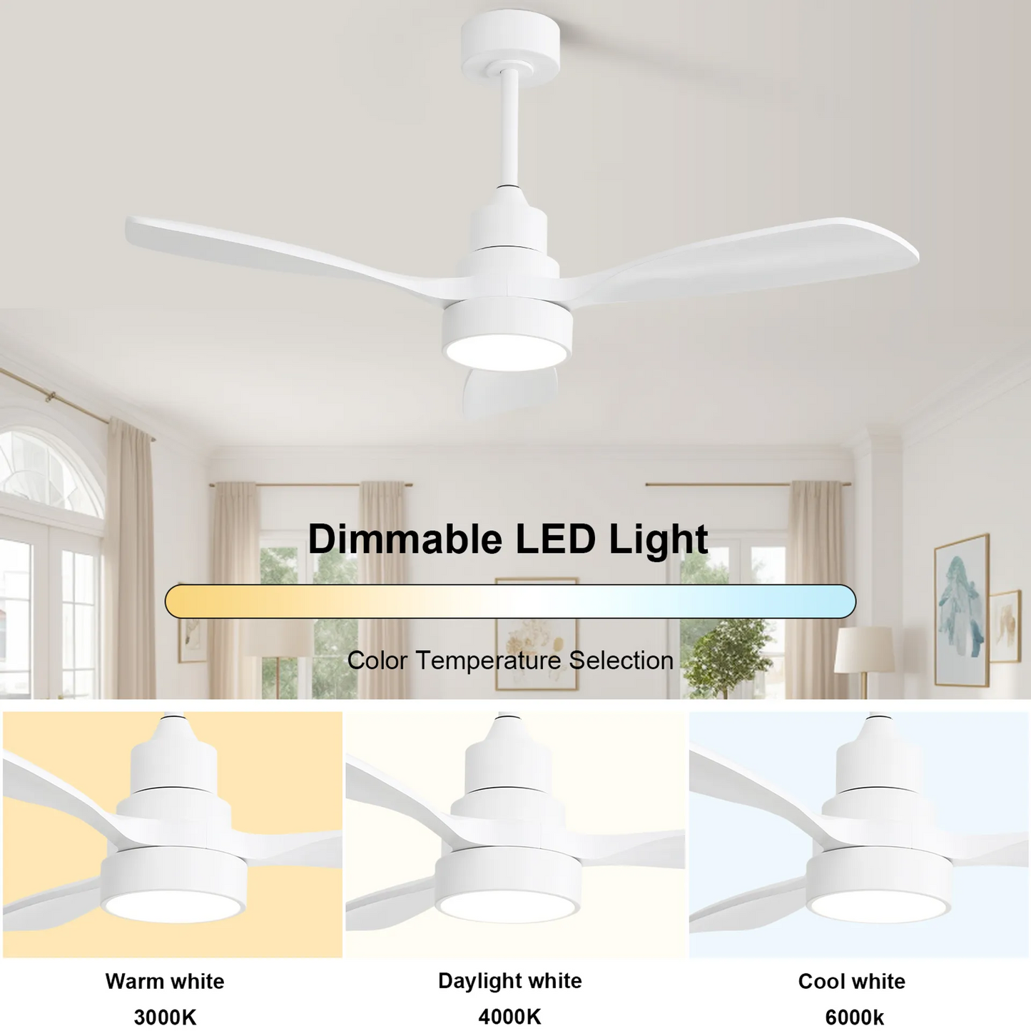 48 Inch Solid Wood Ceiling Fan with Dimmable Light 6 Speed Reversible DC Motor