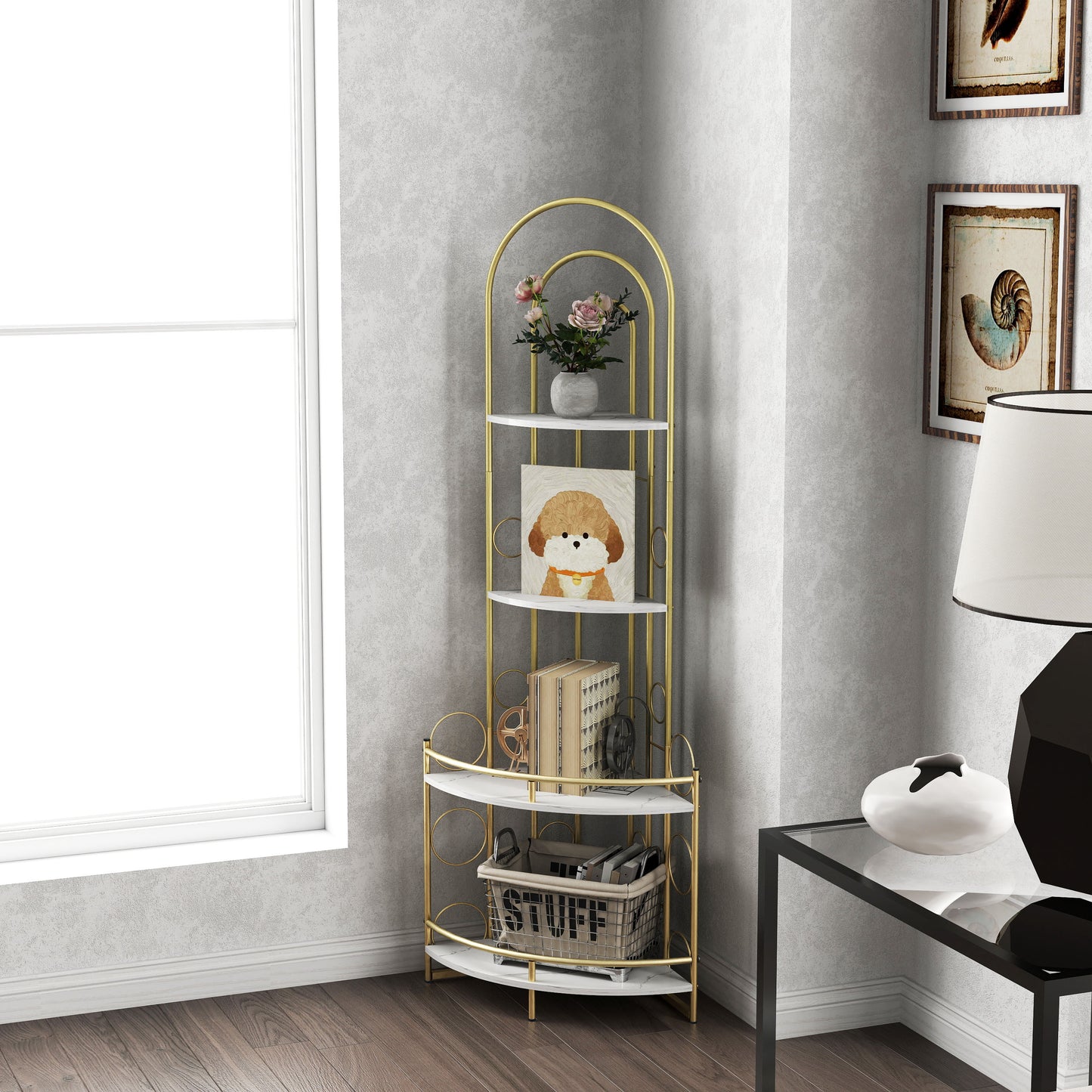 Gold 4-Tier Corner Bookshelf, Modern Style, Plant Stand with Metal Frame