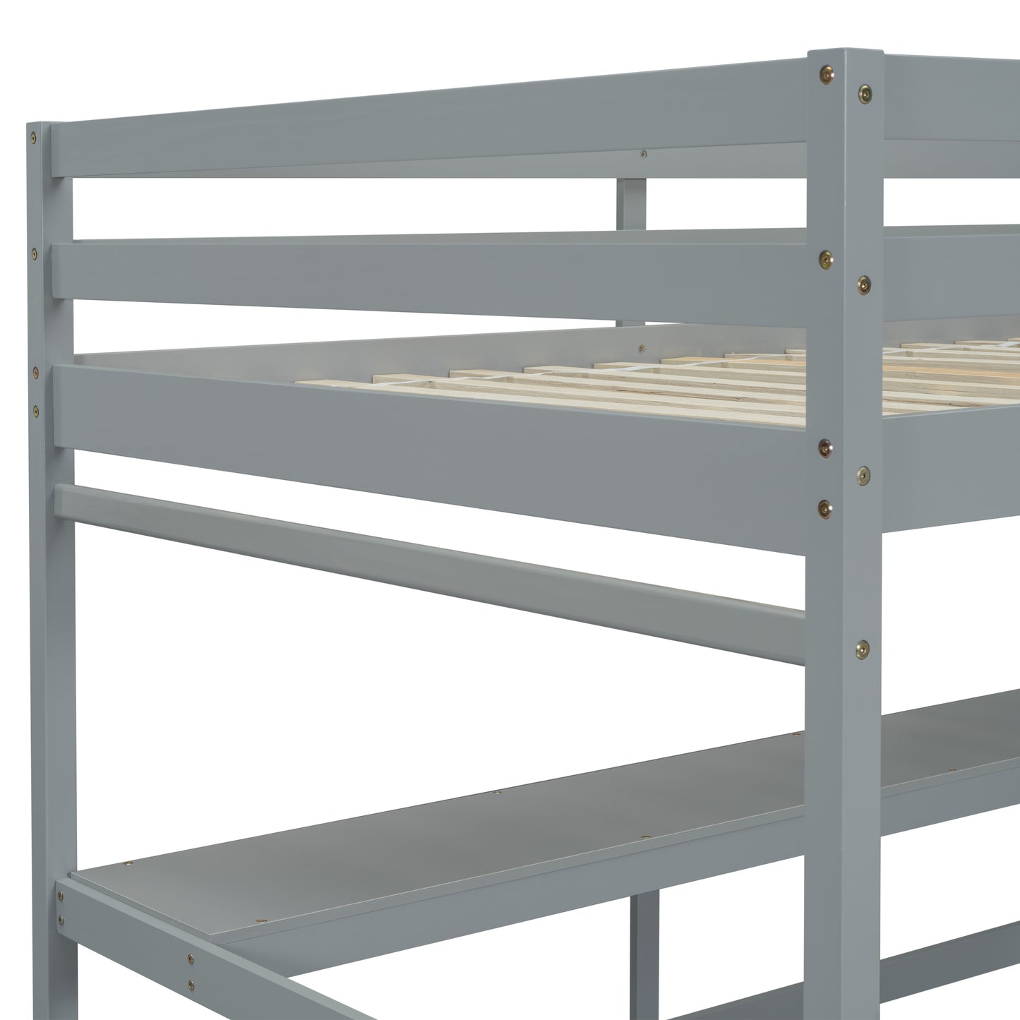 Full Size High Loft Bed with Built-in Desk, Ladder Platform, Ladders, Guardrails ,Grey