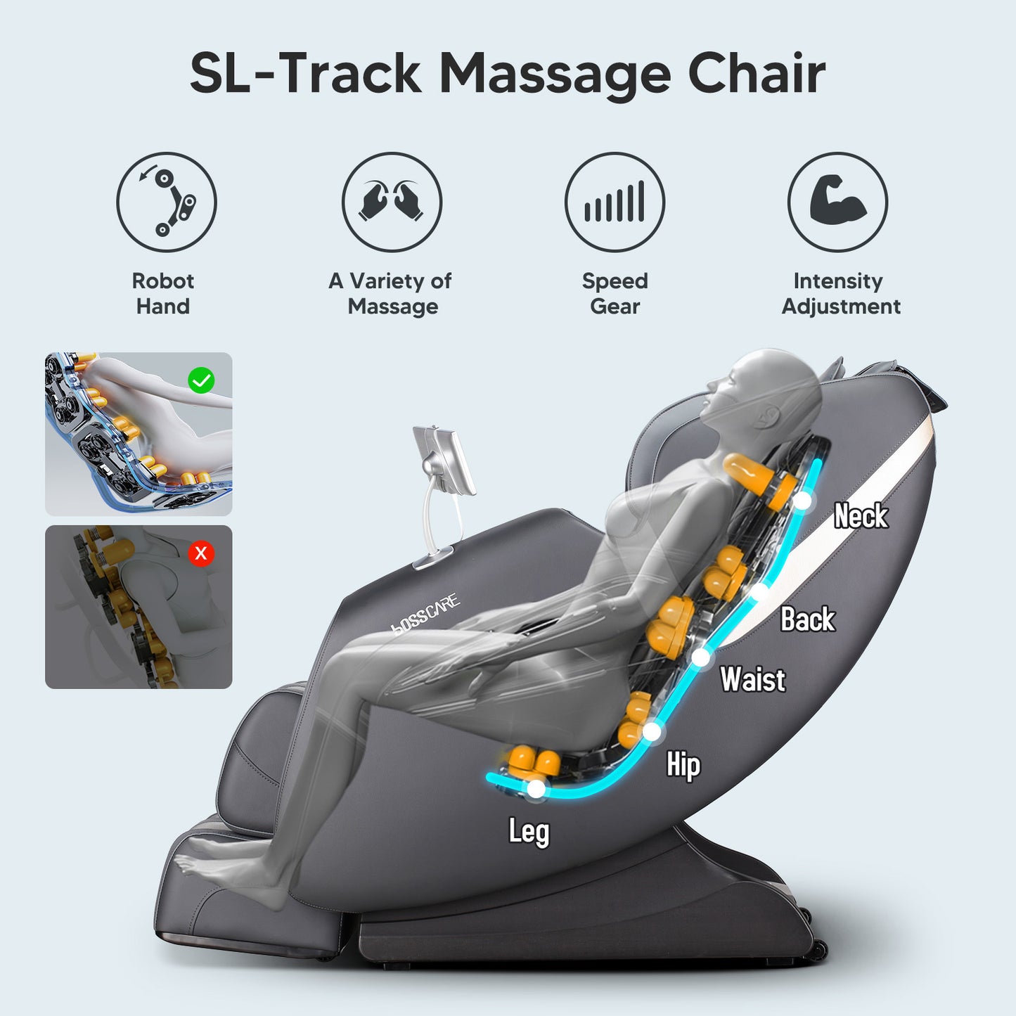 BOSSCARE  New Massage Chairs with AI Voice Control Shiatsu Recliner Gray