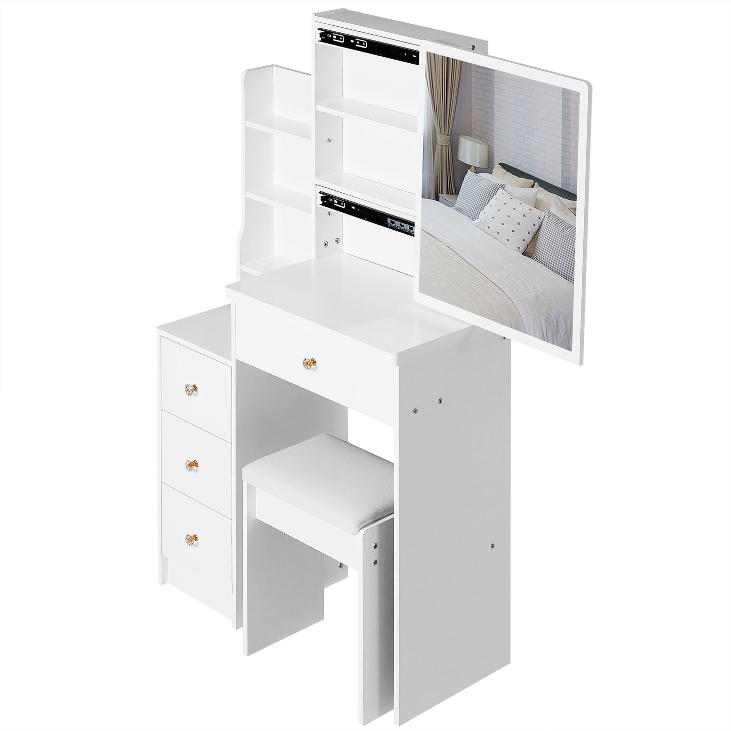 Small Size Left Bedside Cabinet Vanity Table + Cushioned Stool, Extra Large Sliding Mirror, Multi Layer, High Capacity Storage Fashionable Dresser, Suitable for Small Space, EPA,GCC,UL Certificate