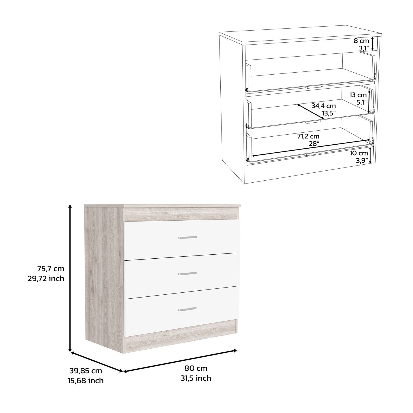 Dresser 29"H, Three Drawers, Metal Hardware, Superior Top, Light Gray / White