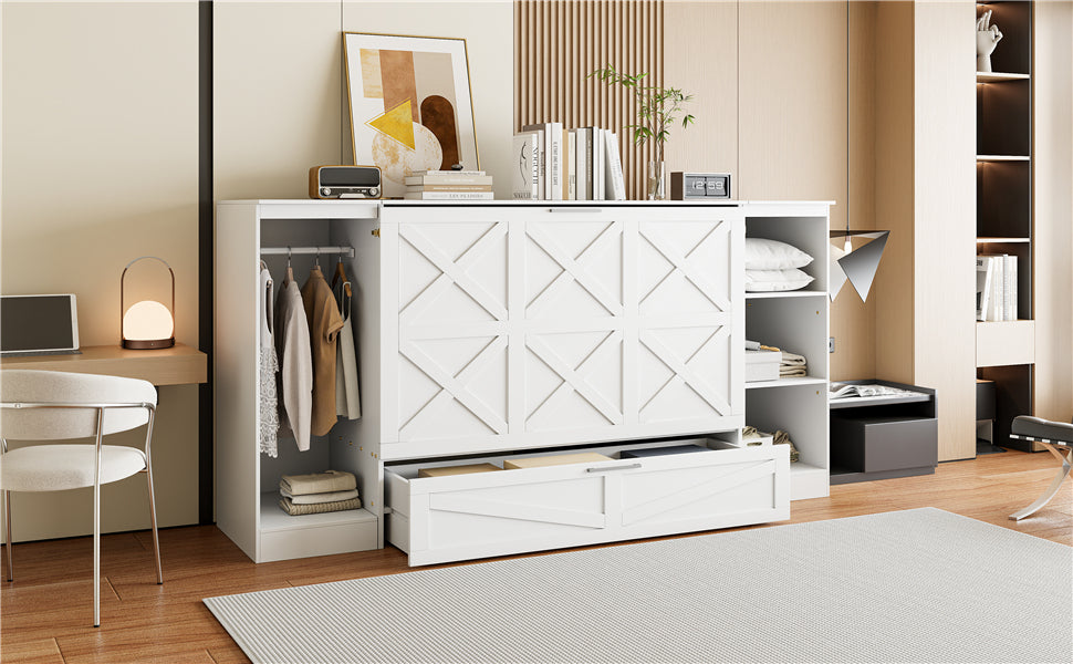 Twin Size Murphy Bed with Bedside Shelves and Wardrobe, White