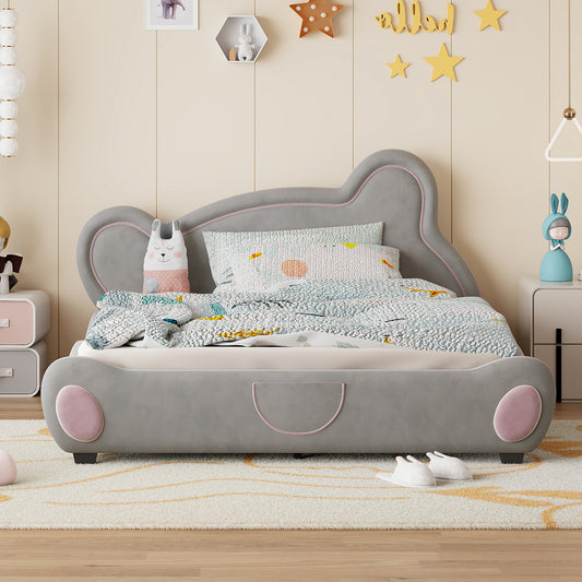 Queen Size Velvet Platform Bed with Bear-Shaped Headboard, with Bed-End Storage Pocket, Gray