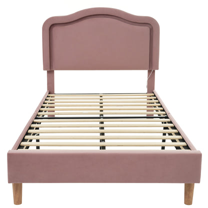 Twin Size Velvet Upholstered Smart LED Bed Frame with Adjustable Height Headboard,No Box Spring Needed,Easy Assembly,Pink