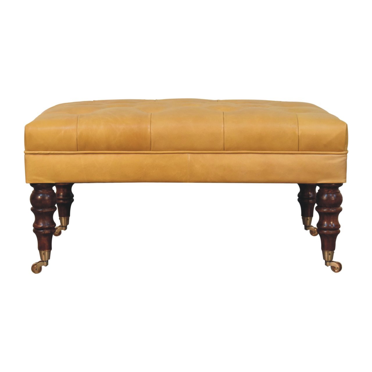 Solid Wood Honey Caramel Buffalo Ash Black Leather Ottoman with Castor Legs