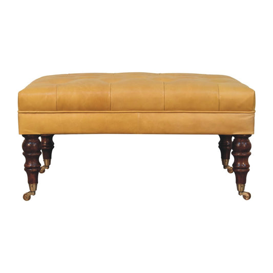Solid Wood Honey Caramel Buffalo Ash Black Leather Ottoman with Castor Legs