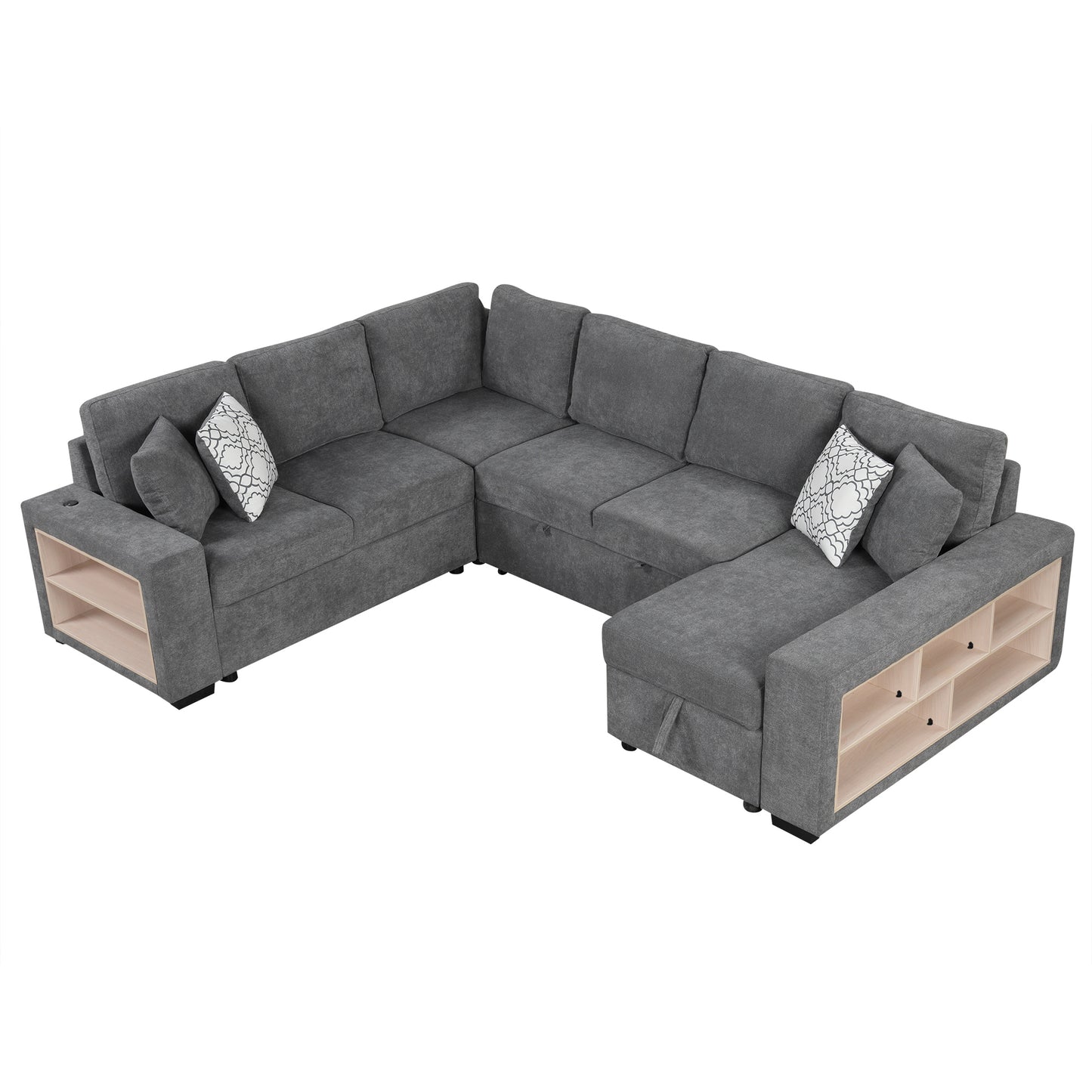 Modern Grey U-Shaped Sectional Sofa Bed with USB Ports, Storage Chaise & Pillows, Chenille Fabric, 109'