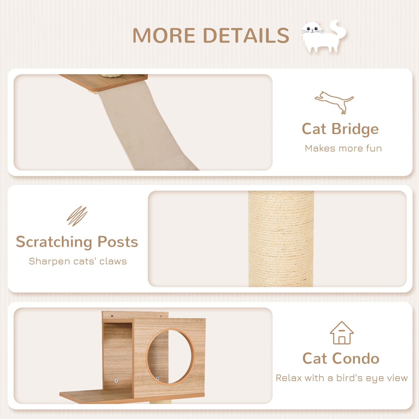 PawHut Wall-Mounted Multi-Level Cat Tree Activity Tower with Sisal-Covered Scratching Posts & an Interior Condo Area