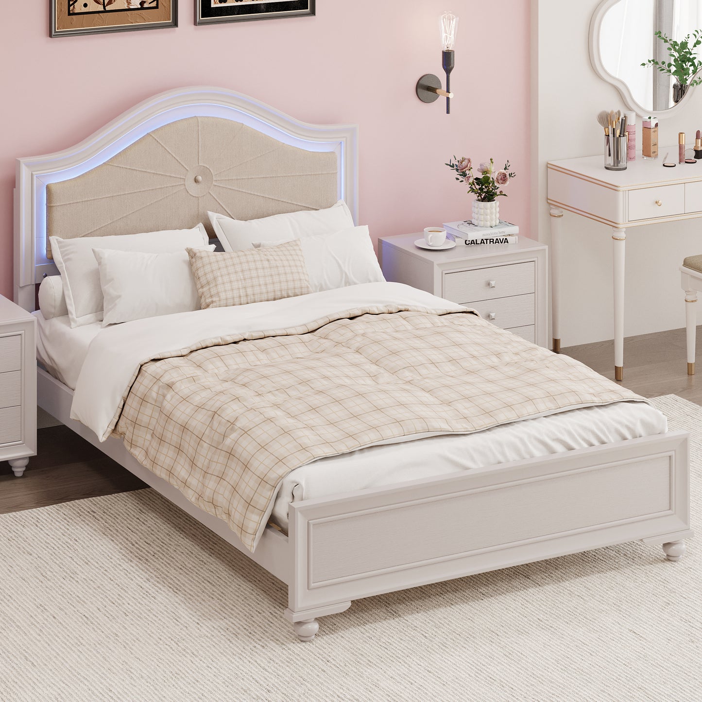 Modern Queen Size Wood Bed with Hidden LED Light Upholstered Curved Headboard, No Box Spring Needed, Cream Grey