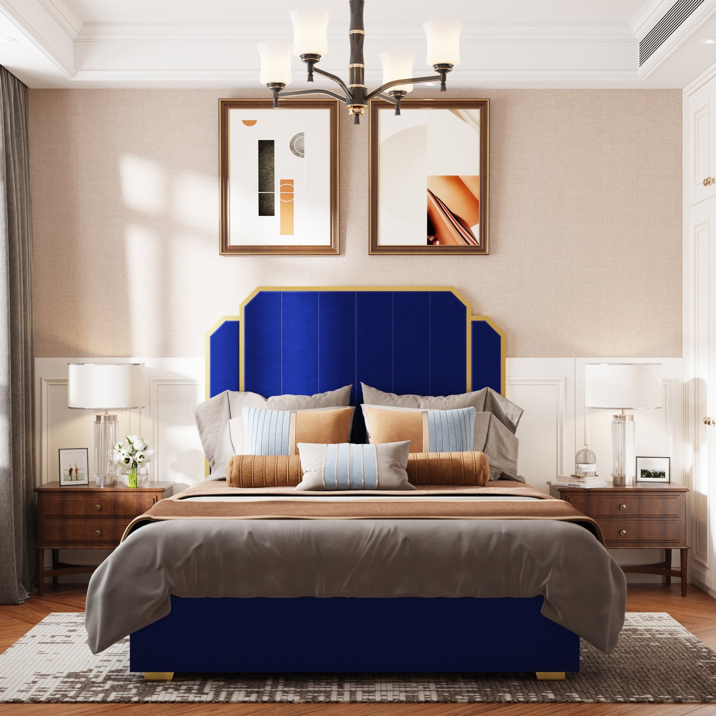 Queen Size Bed Frame and 59.06" Headboard, Upholstered Bed with Golden Plating Trim, Modern Platform Bed No Box Spring Needed, Navy Blue Queen Bed