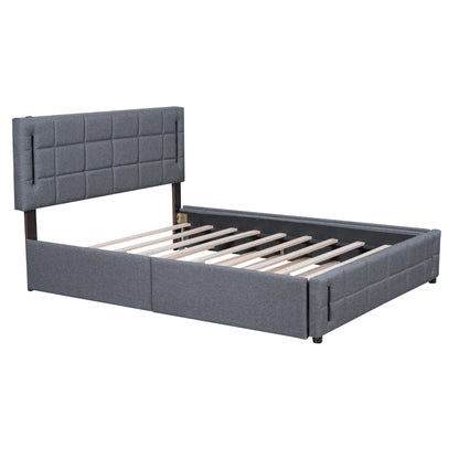 Queen Size Upholstered Platform Bed with Trundle and Drawers, Gray