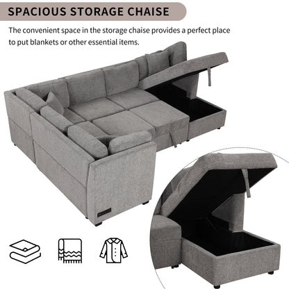 108.6" U-shaped Sectional Sofa Pull out Sofa Bed with Two USB Ports, Two Power Sockets, Three Back Pillows and a Storage Chaise for Living Room, Light Gray