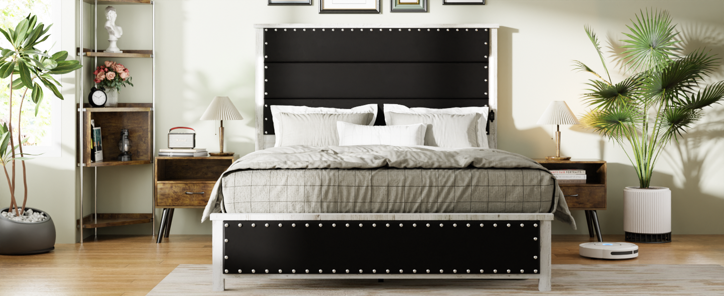 Queen Size Bed Frame with Upholstered Headboard, Queen Bed Frame with Charging Station and LED Lights, Wood Slats, Dark Gray Faux Leather & Rivets,  No Box Spring Needed, Easy Assembly