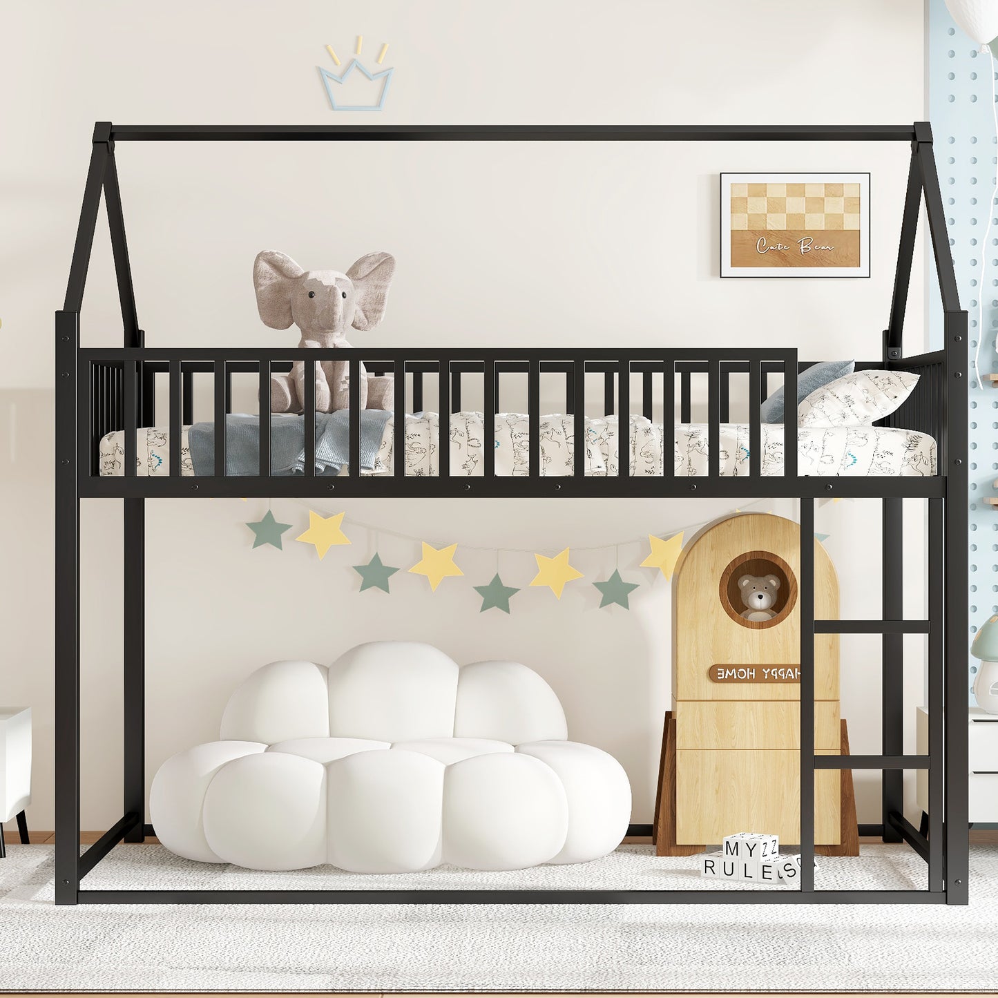 Twin size House Floor Bed with Detachable Slats, Versatile Metal House bed with Guardrails, Transformable Design, can Transform into a Loft Bed, Transformable Design and Noise-reduce, Black