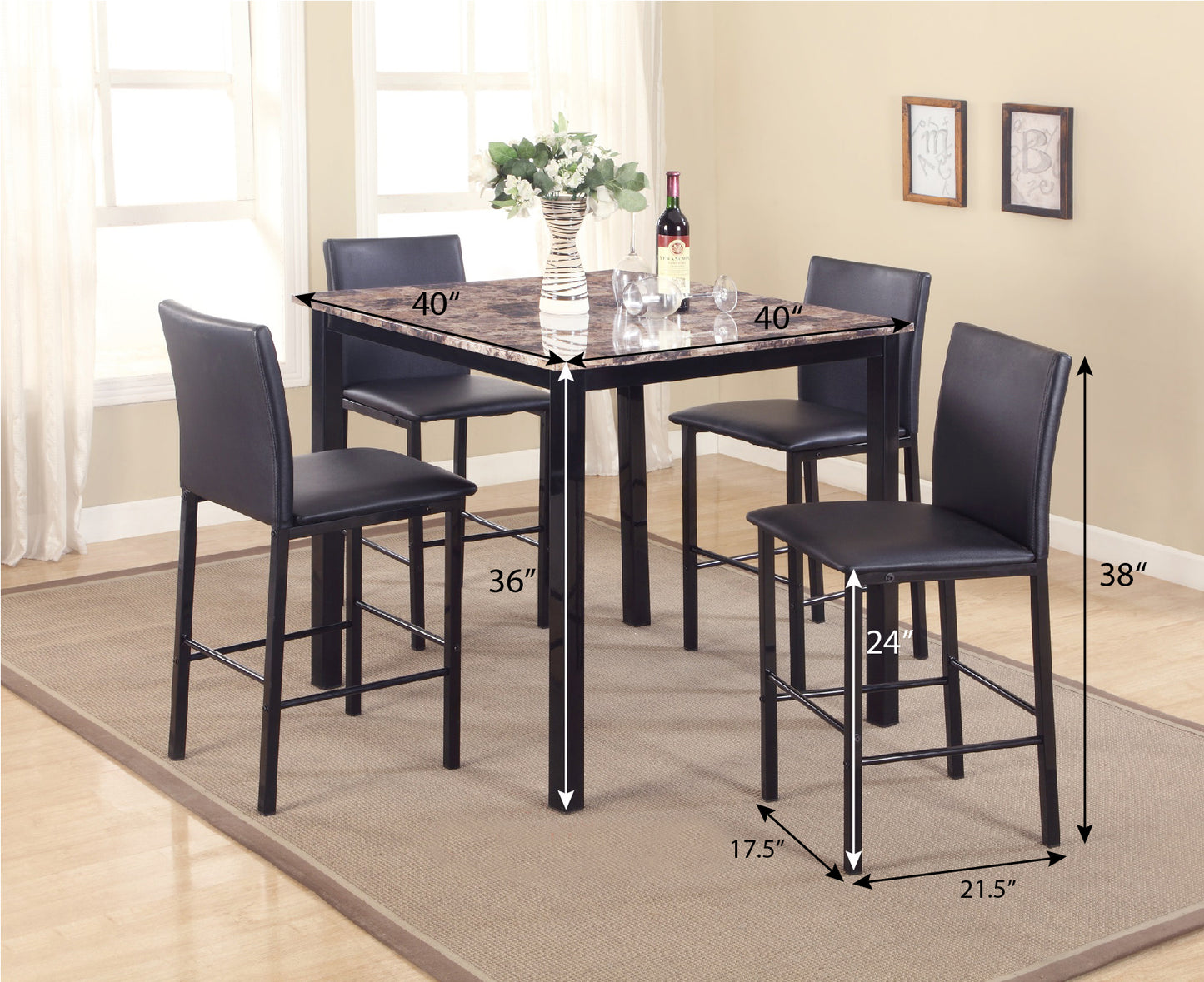 Citico Metal Counter Height Dining Table with Laminated Faux Marble Top, Black