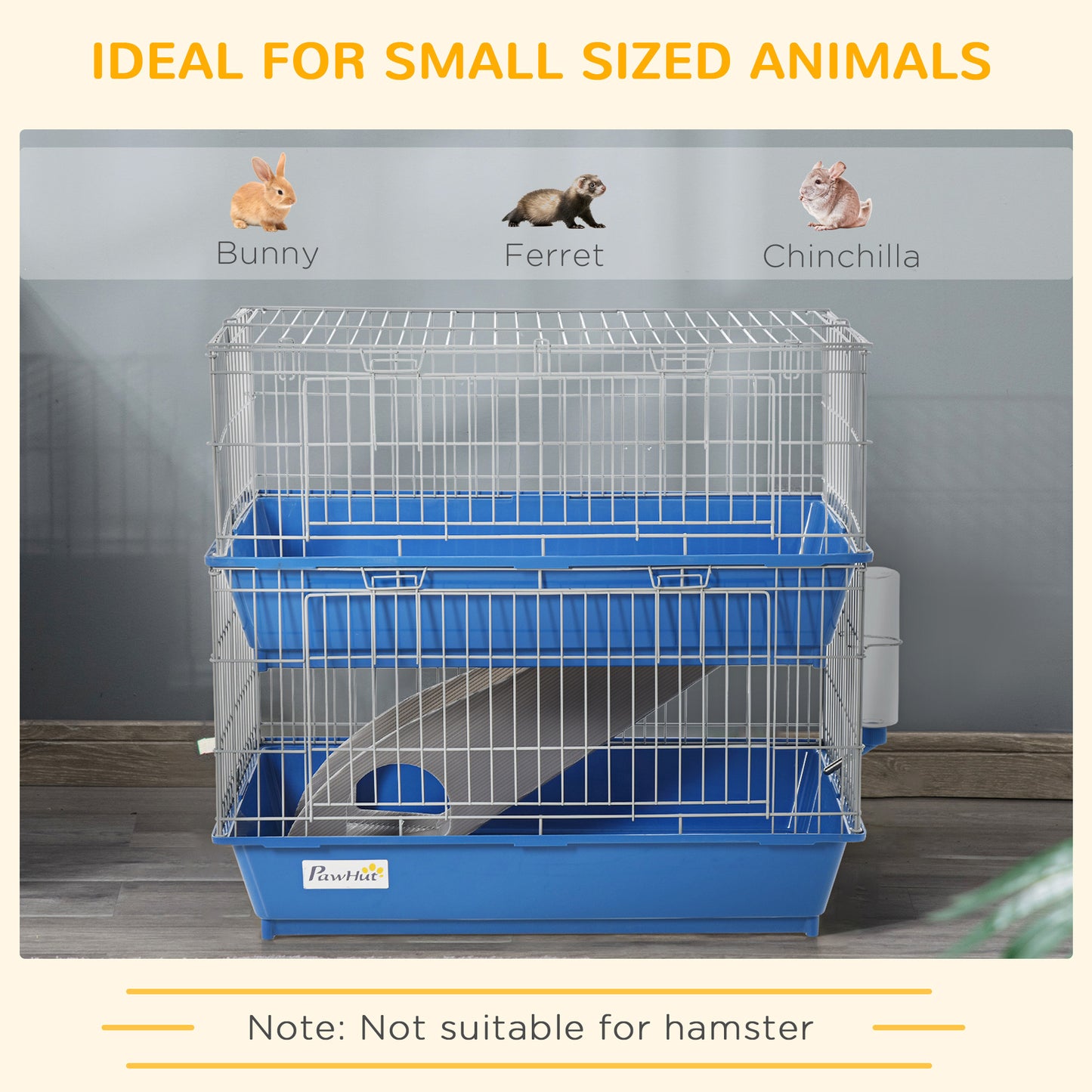 PawHut 2-Tier Guinea Pig Cage, Ferret Cage, Chinchilla Cage, Small Animal Cage Indoor with Dish and Bottle, 2 Doors, Deep Bottoms, Ramp, 28", Blue