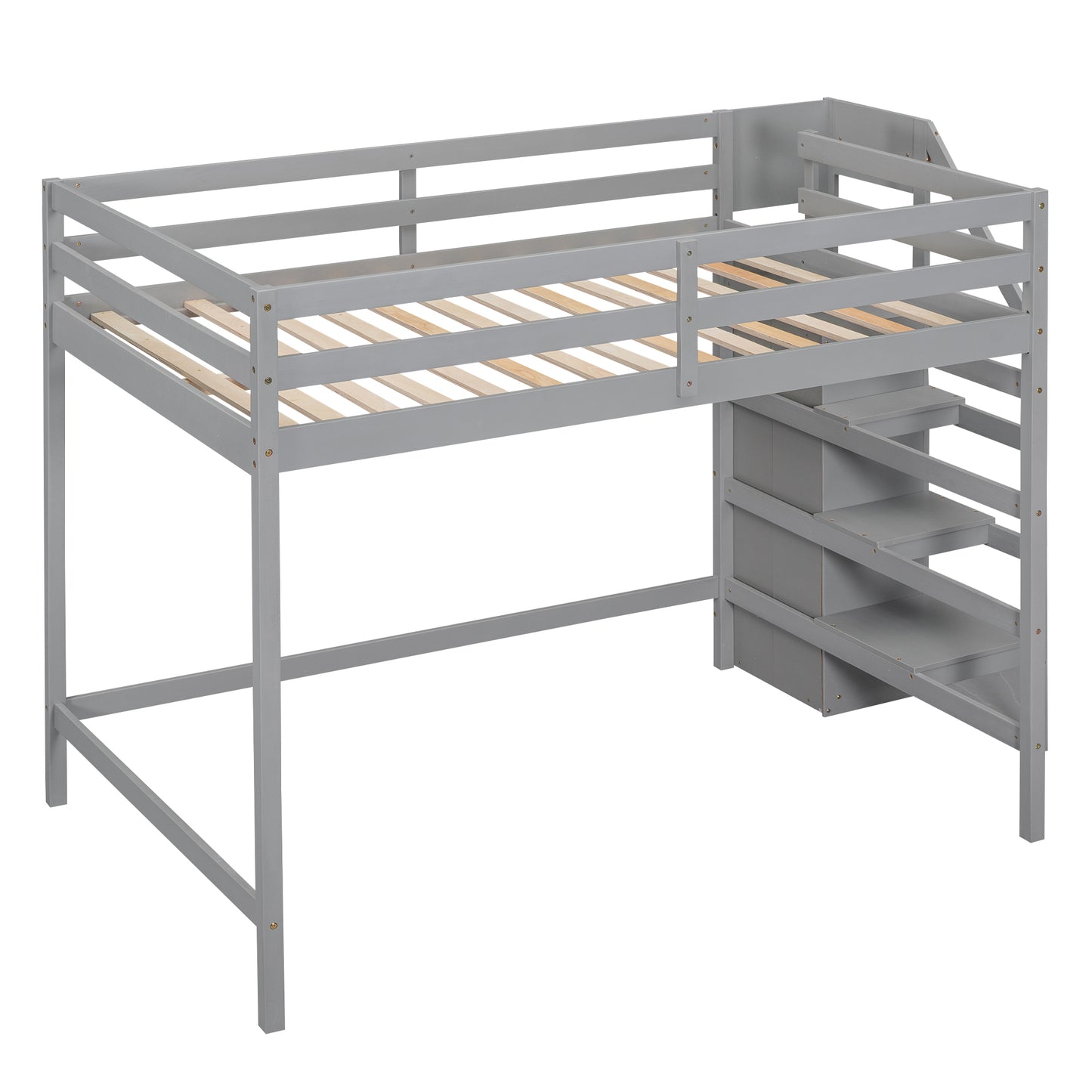 Gray Full Size Loft Bed with Built-in Storage Wardrobe and Staircase, Pine Wood and MDF, 93.8''L x 57''W x 67.5''H
