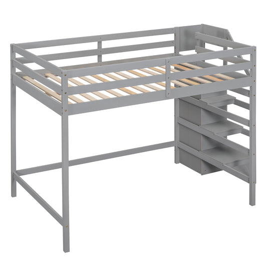 Gray Full Size Loft Bed with Built-in Storage Wardrobe and Staircase, Pine Wood and MDF, 93.8''L x 57''W x 67.5''H