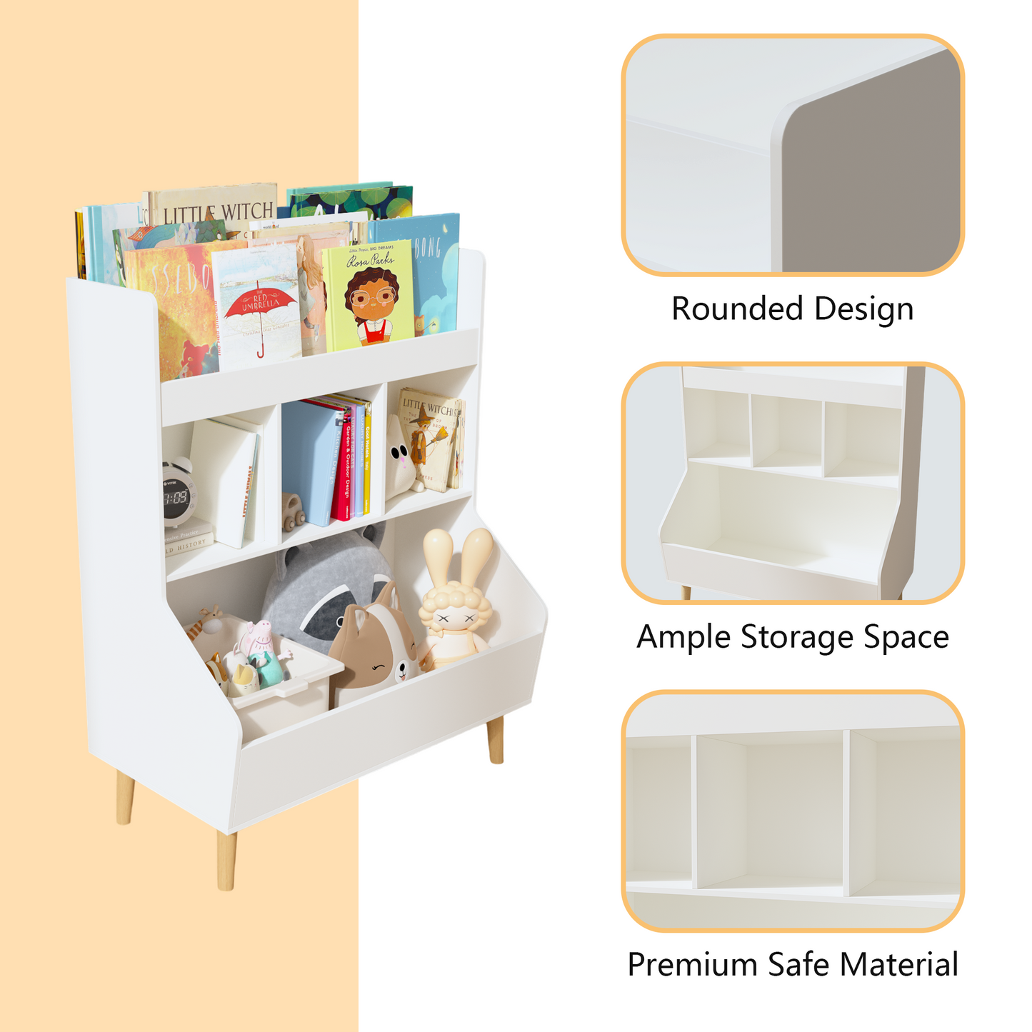 Toy Storage Organizer, Kids Bookshelf and Toy Storage with Legs, Multifunctional Storage Organizer, Children Bookcase for Kids Room, Living Room, Nursery,White