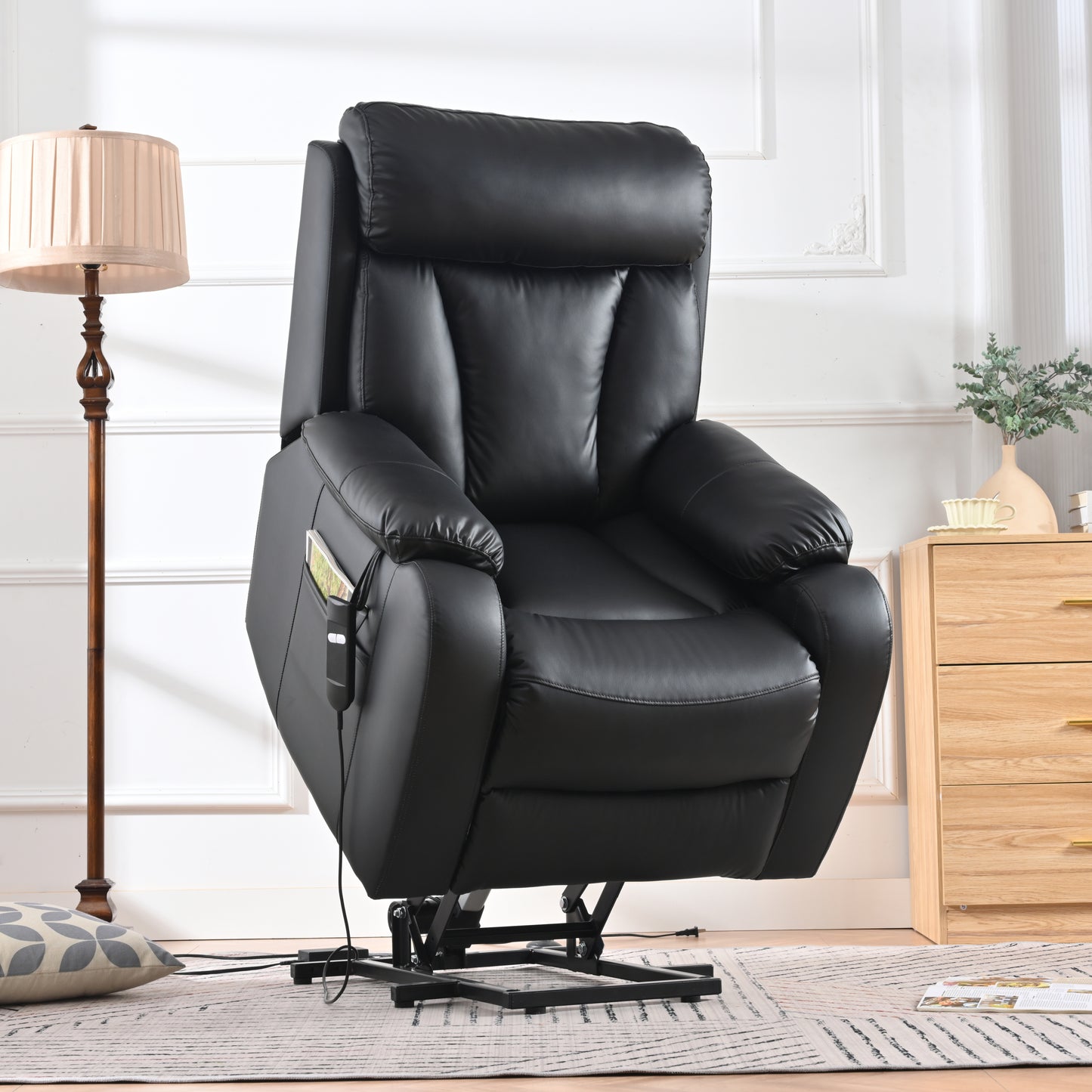 Electric Power Lift Recliner Chair for Elderly, PU Recliner Chair for Seniors, Home Theater Seating,Living Room Chair,Side Pocket, Remote Control (Black PU)