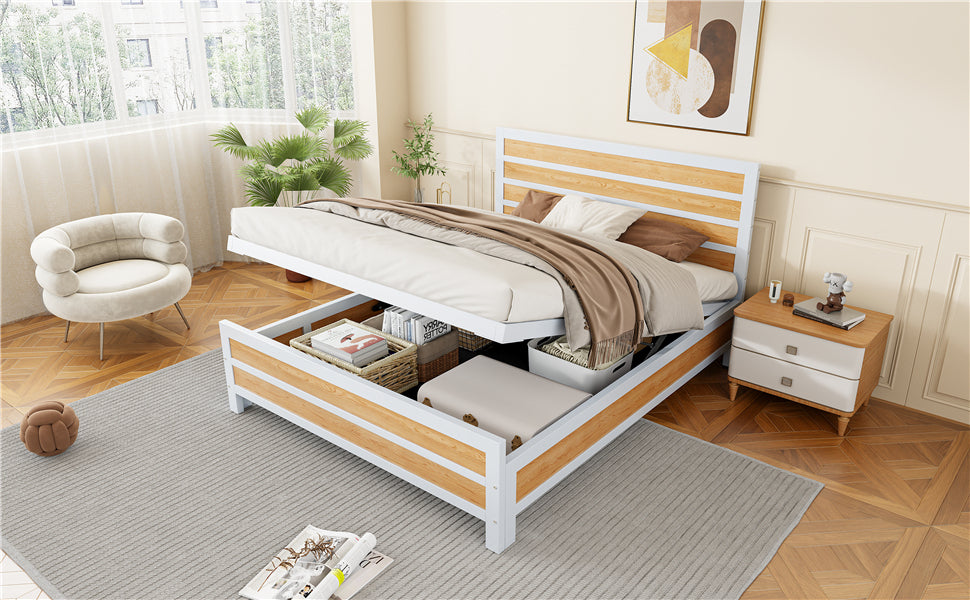 Queen Size Metal Platform Bed with Underneath Storage, White