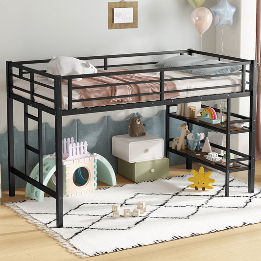 Twin Size Metal Loft Bed with Storage Shelf, Loft Bed with Easy Climbing Ladder and Guardrails for Kids, Black