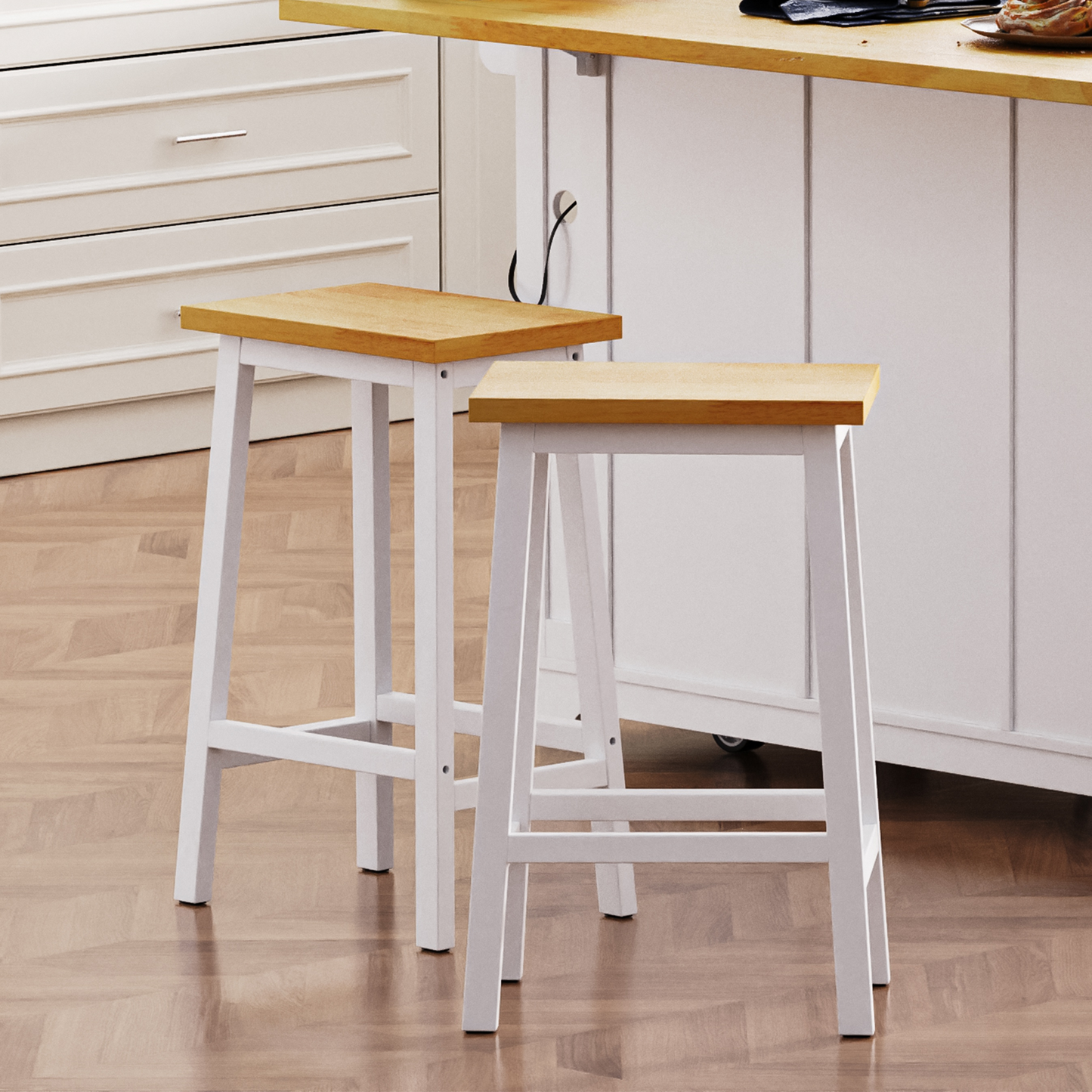 K&K Solid Wood Bar Stools (Not Cheap Iron), 25.6" Tall Set of 2 Bar Chairs, Kitchen Counter Stools with Footrests, Farmhouse Stools for Dining Room, Kitchen, Counter, White